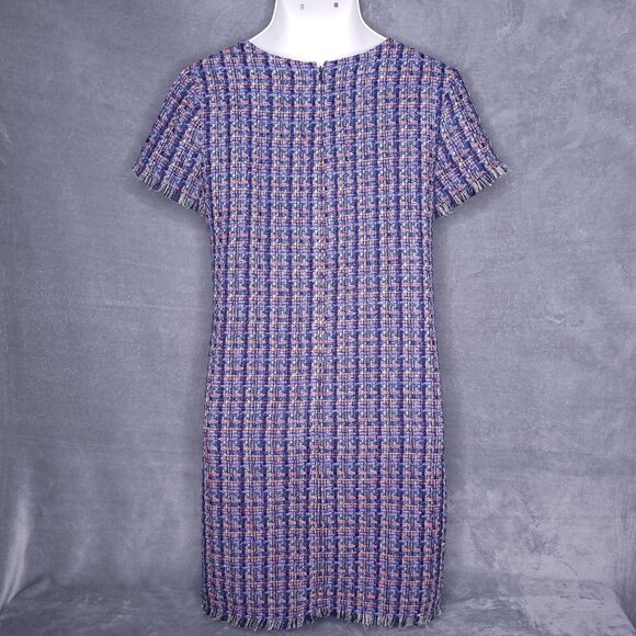Ann Taylor Womens Tweed Short Sleeve Shift Dress 10 Fringe Hem Knee Length - Picture 3 of 8